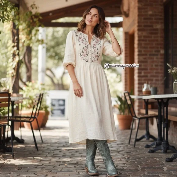 VINTAGE 1980 Frye Austin Campus Green-Blue Leather Floral Embroider Cowboy Boot - Picture 2 of 16